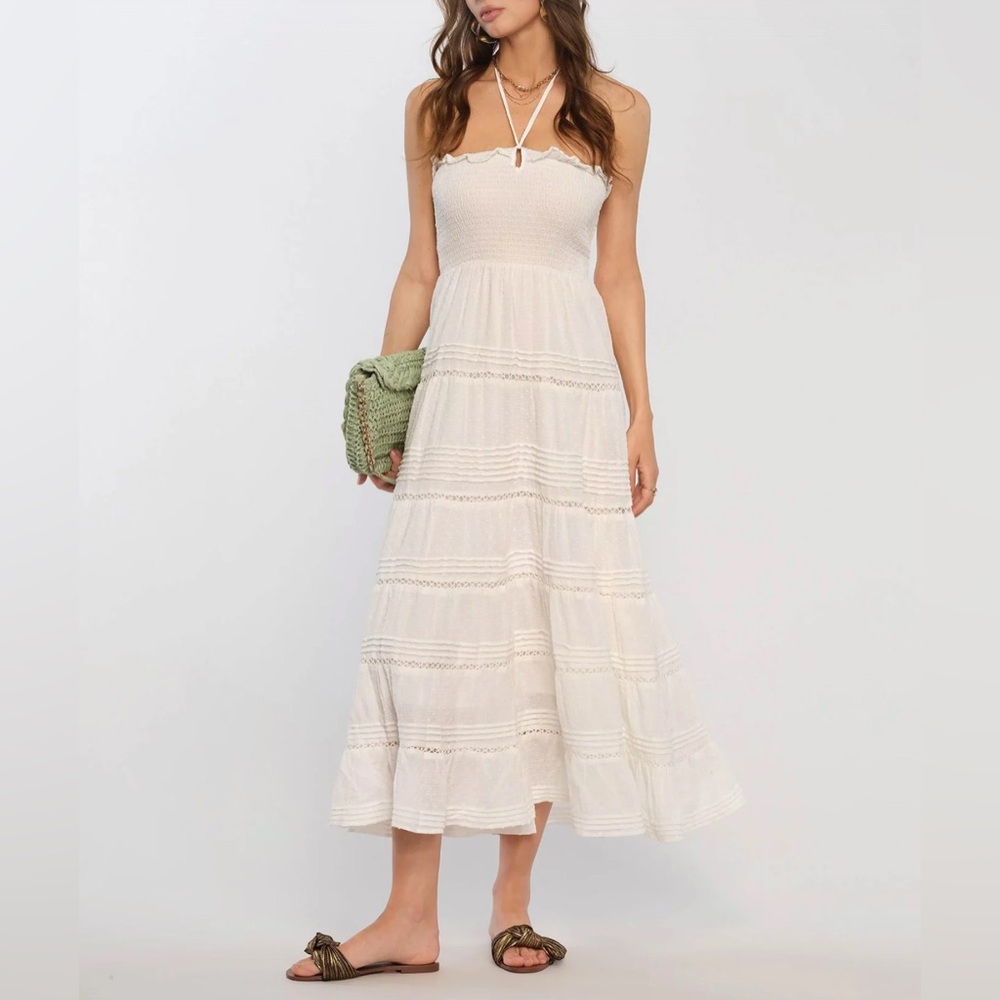 Heartloom Strapless Cream Smocked Tiered Midi Dress